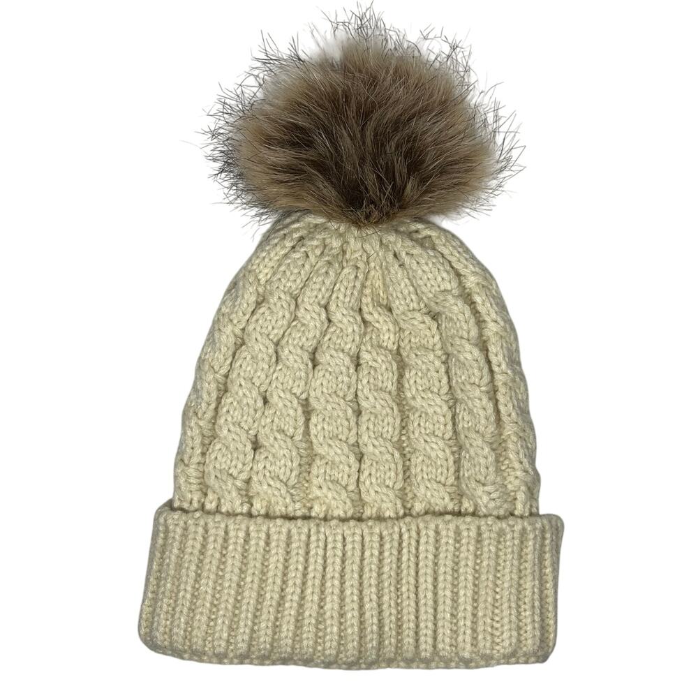 Beige Knit Brown Pom Fold Cuff Beanie